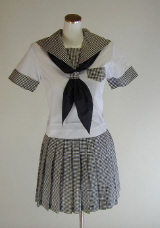 オリジナル夏黒ギンガムセーラー服上下セット(半袖・スクール・学校制服・スカーフ付)、40cm丈