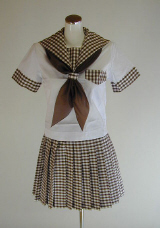 オリジナル夏茶ギンガムセーラー服上下セット(半袖・スクール・学校制服・スカーフ付)、40cm丈