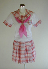 オリジナル夏ピンクチェックセーラー服上下セット(半袖・スクール・学校制服・スカーフ付)、40cm丈