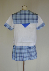 オリジナル夏水色チェックセーラー服上下セット(半袖・スクール・学校制服・スカーフ付)、後ろ