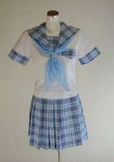 オリジナル夏水色チェックセーラー服上下セット(半袖・スクール・学校制服・スカーフ付)、40cm丈