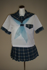 オリジナル夏紺チェックセーラー服上下セット(半袖・スクール・学校制服・スカーフ付)