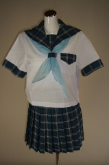 オリジナル夏紺チェックセーラー服上下セット(半袖・スクール・学校制服・スカーフ付)、40cm丈