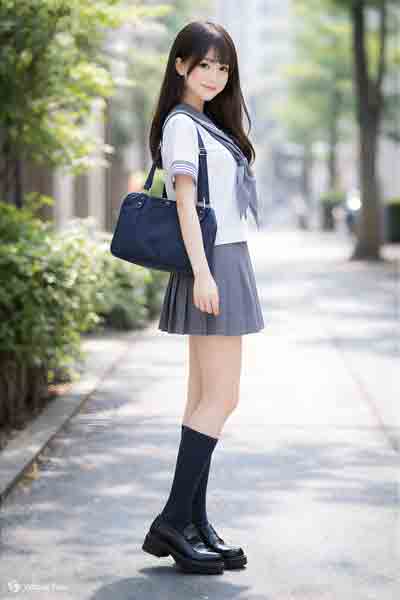 オリジナル夏NEWグレーセーラー服半袖上下セット(カフス付・かぶりタイプ・スカーフ付）着用イメージ3