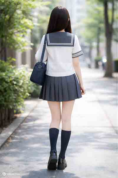 オリジナル夏NEWグレーセーラー服半袖上下セット(カフス付・かぶりタイプ・スカーフ付）着用イメージ4