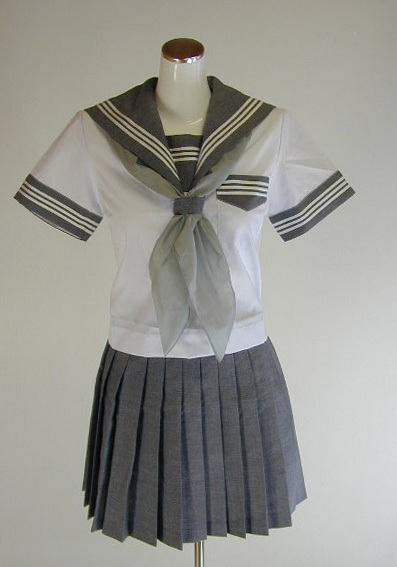 オリジナル夏NEWグレーセーラー服半袖上下セット(カフス付・かぶりタイプ・スカーフ付）40cm丈