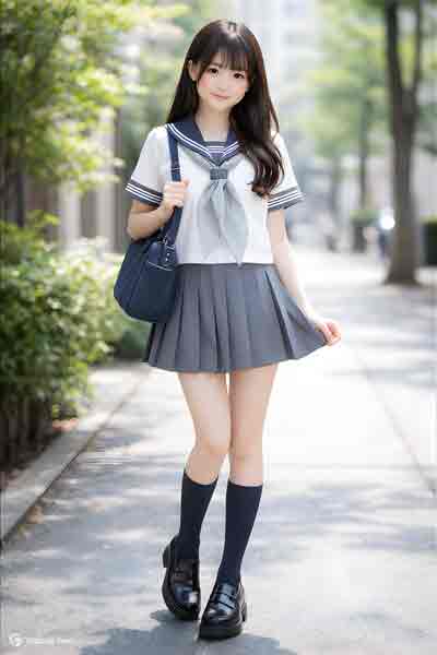 オリジナル夏NEWグレーセーラー服半袖上下セット(カフス付・かぶりタイプ・スカーフ付）着用イメージ2