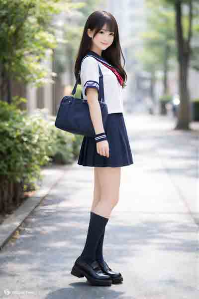 オリジナル夏紺セーラー服半袖上下セット(カフス付き・学校制服・スカーフ付)着用イメージ前3