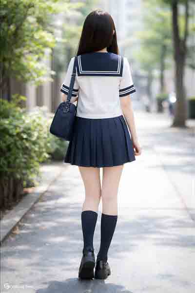 オリジナル夏紺セーラー服半袖上下セット(カフス付き・学校制服・スカーフ付)着用イメージ後ろ