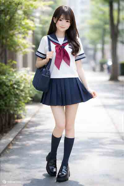 オリジナル夏紺セーラー服半袖上下セット(カフス付き・学校制服・スカーフ付)着用イメージ前2