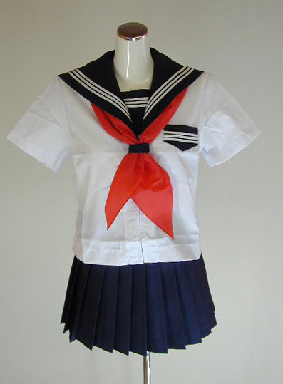 夏紺セーラー服半袖上下セット(学販オリジナル・カフスなし・前ファスナー・学校制服・スカーフ付)