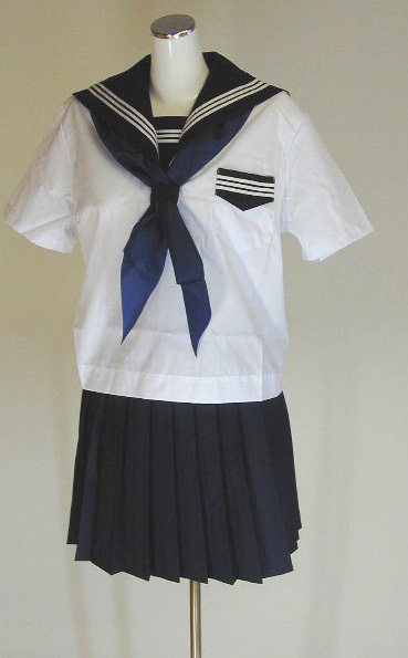 夏紺セーラー服半袖上下セット(学販オリジナル・かぶりタイプ・カフスなし・学校制服・スカーフ付)40cm丈