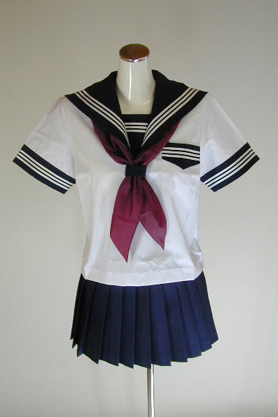 夏紺セーラー服ラインカラー半袖上下セット(学販オリジナル・カフス付・学校制服・スカーフ付)