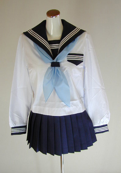 夏紺セーラー服ラインカラー長袖上下セット(学販オリジナル・カフス付・学校制服・スカーフ付)