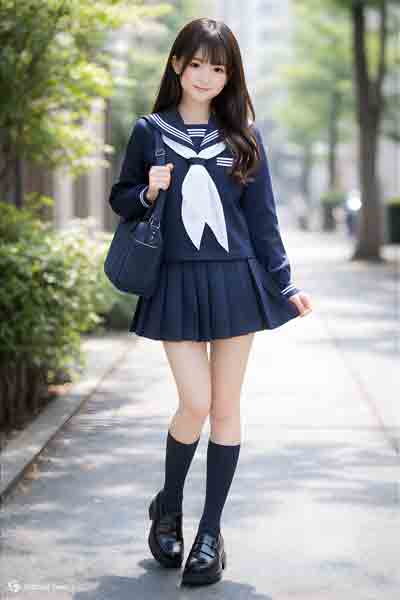 冬紺セーラー服上下セット(学販オリジナル・カフス付・学校制服・スカーフ付)着用イメージ横