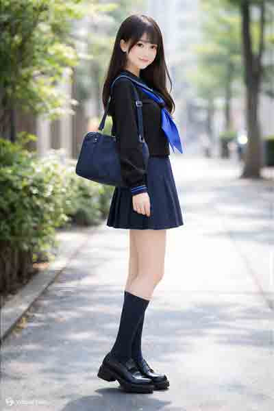 冬紺セーラー服ラインカラー上下セット(学販オリジナル・カフス付・学校制服・スカーフ付)横