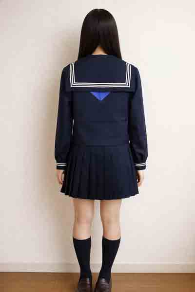 冬紺セーラー服上下セット(学販オリジナル・前ファスナータイプ・カフス付・学校制服・スカーフ付)着用イメージ後ろ