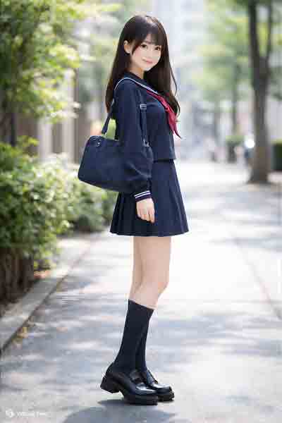 冬紺セーラー服上下セット(学販オリジナル・前ファスナータイプ・カフス付・学校制服・スカーフ付)着用イメージ横